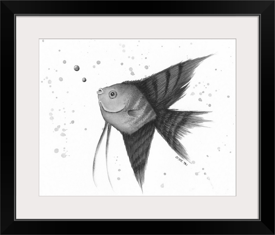 Chinese ink painting of an angel fish blowing bubbles in black and white.