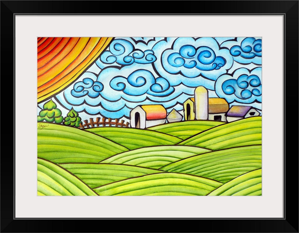 Whimsical painting of a farm landscape with bright colors and fun brushstrokes.