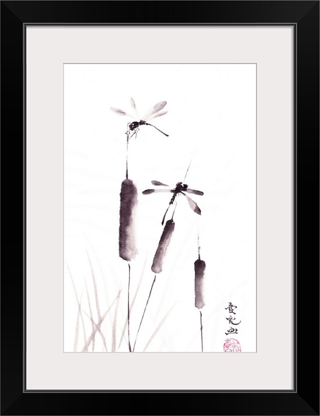 Chinese ink painting of dragonflies and cattails on a white background.