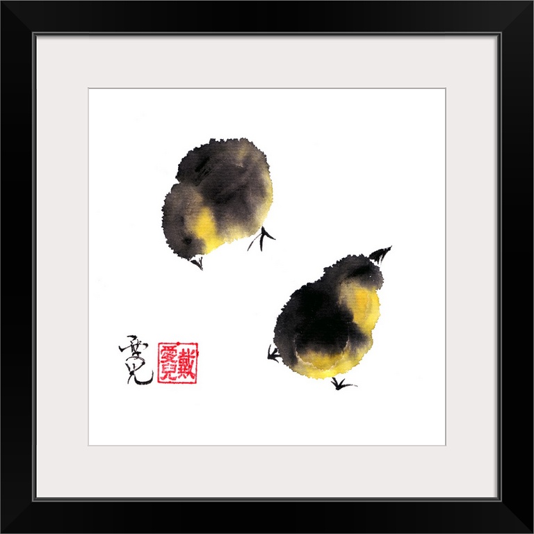 Chinese Ink On Rice Paper. One little chick is on the lookout while the other is feeding.