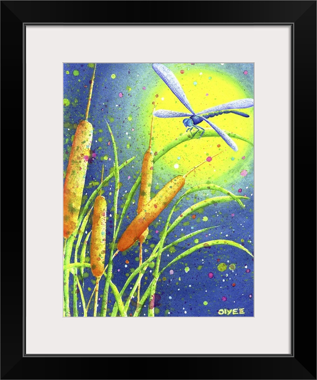 Beautiful watercolor painting of a dragonfly sitting on cattails with a bright moon in the background and paint splatter a...