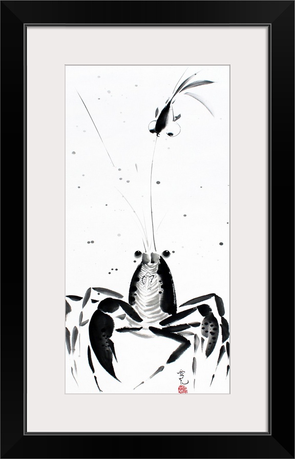 One must learn to be patient in life and wait for the right moment. Chinese ink painting of a lobster and a fish.