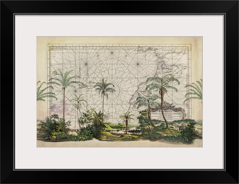 Vintage style mixed media art with old map and tropical vegetation.