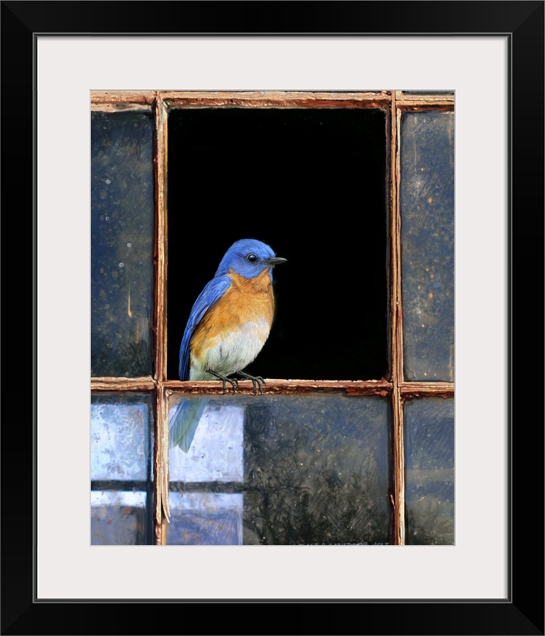 Contemporary artwork of a bird perched on a broken window pane.