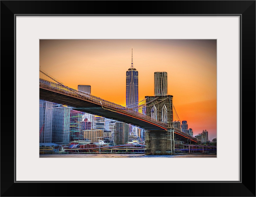 A photograph of the Brooklyn bridge at twilight with One World Trade standing tall in the background.