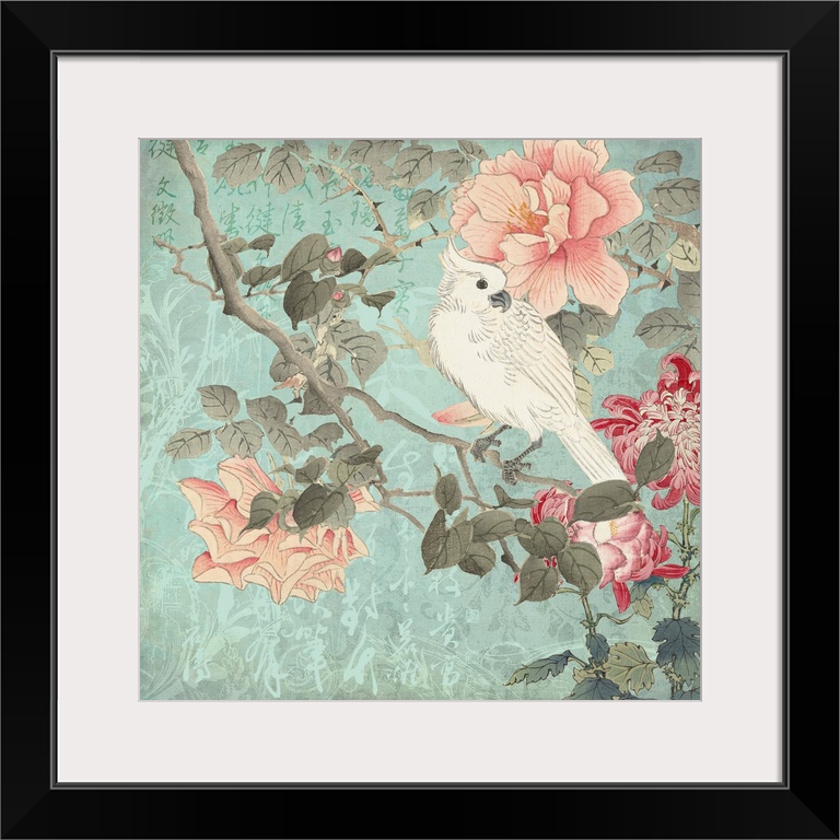 Chinoiserie art with chinese calligraphy, flowers, and cockatoo bird in pastel colors.