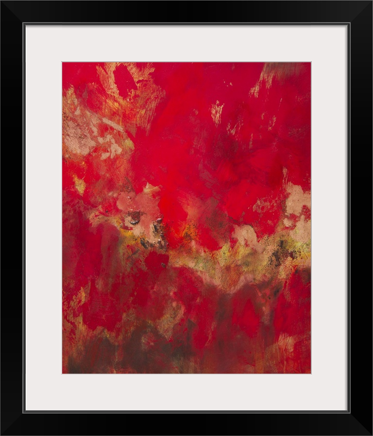 Contemporary abstract art, originally in acrylic, in deep red shades with contrasting yellow.