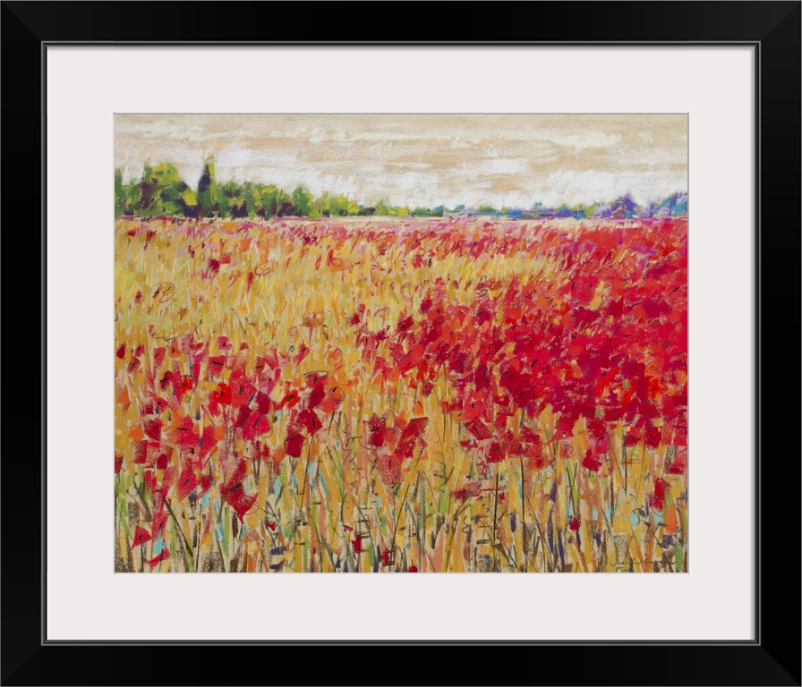 Contemporary landscape painting of a field of bright red poppies and contrasting yellow corn in the French countryside.