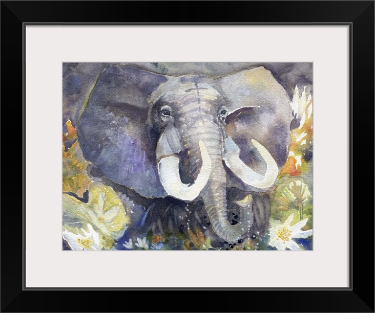 Artwork of an African Elephant with large tusks surrounded by lotus flowers.