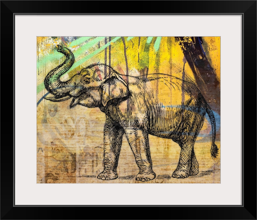 Colourful vintage effect mixed media Elephant print.