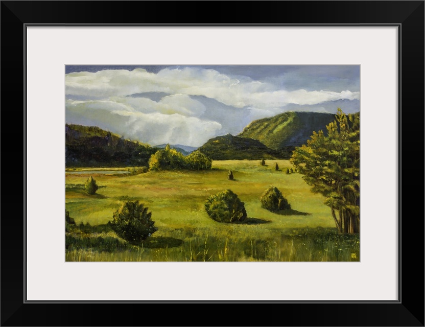 Contemporary painting of an idyllic countryside landscape.