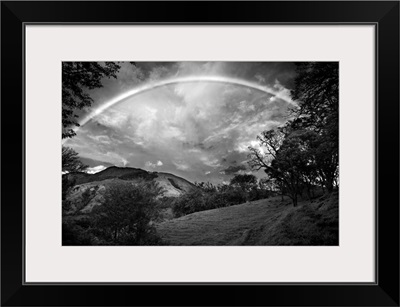 Green Field with Clouds and Rainbow Black and White