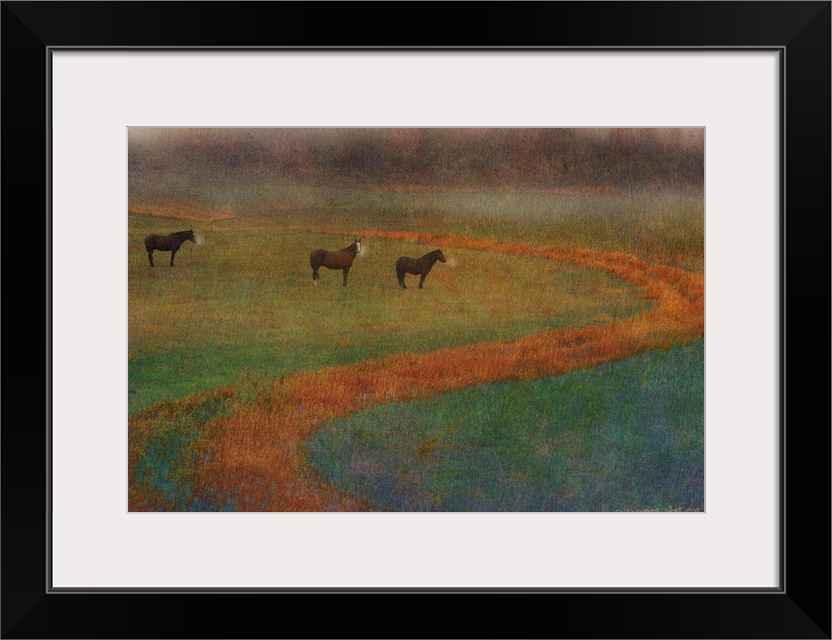 Contemporary artwork of three horses standing in a misty field.