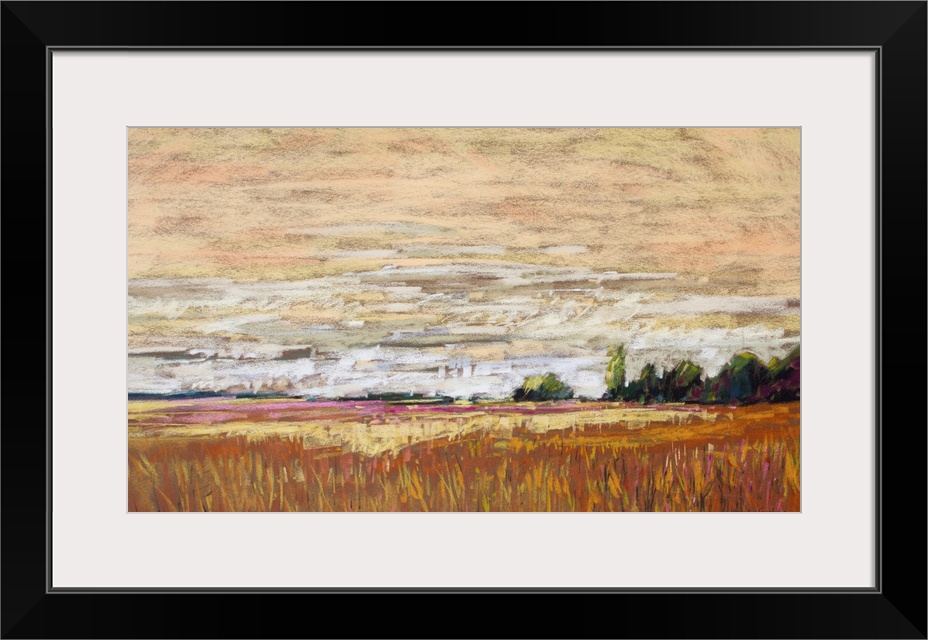 Pastel landscape painting of pastoral countryside with trees, fields and clouds.