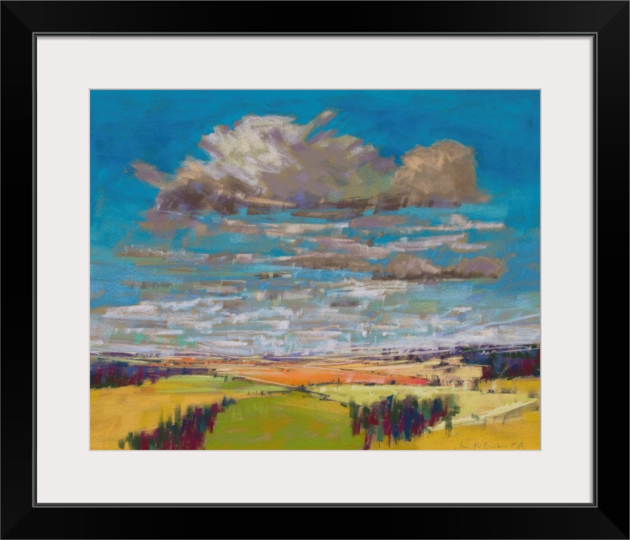 Pastel landscape painting of English countryside with trees, fields and clouds.