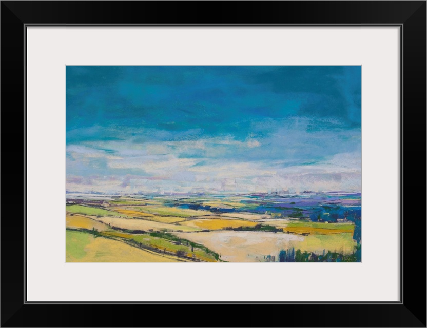 Pastel landscape painting of English countryside with trees and fields.