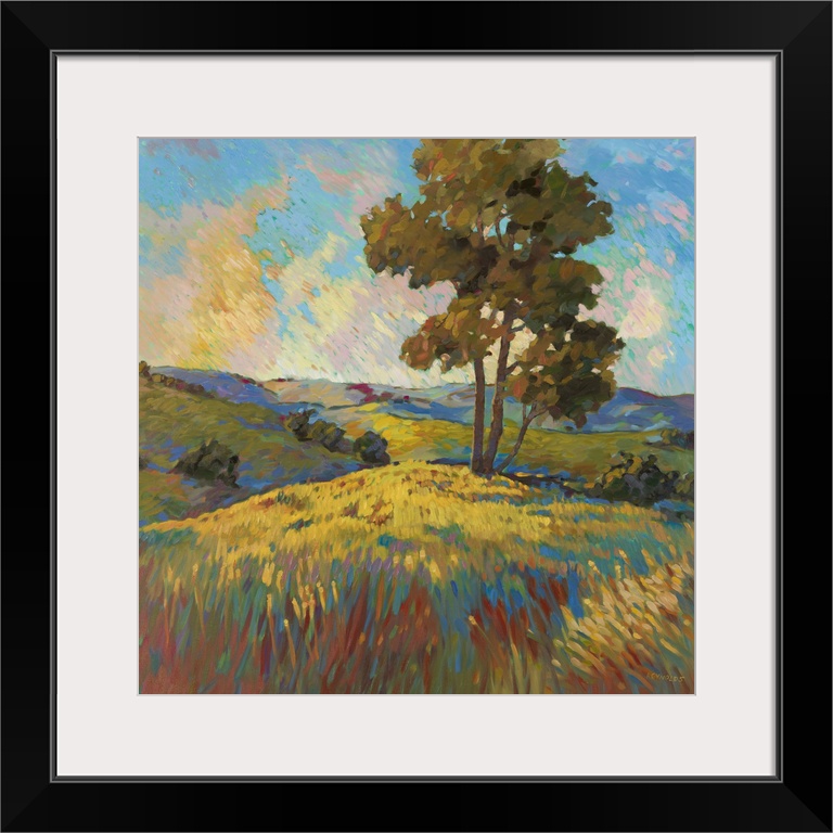 Contemporary landscape painting of a tree standing over a field at sunset.