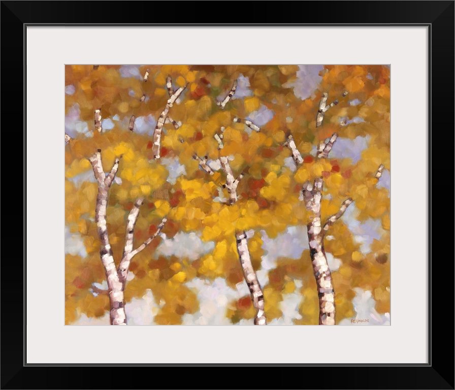 Contemporary painting of slender birch trees filled with orange leaves in the fall.