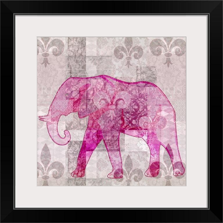 Tropical vibe mixed media art with pink elephant on unique texture.