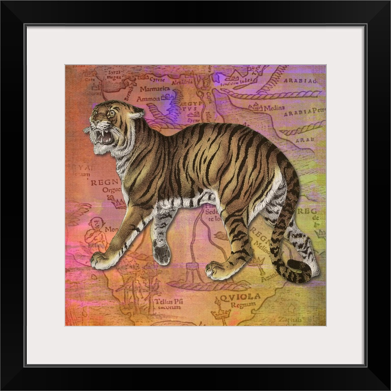 Colourful vintage effect mixed media Tiger print.