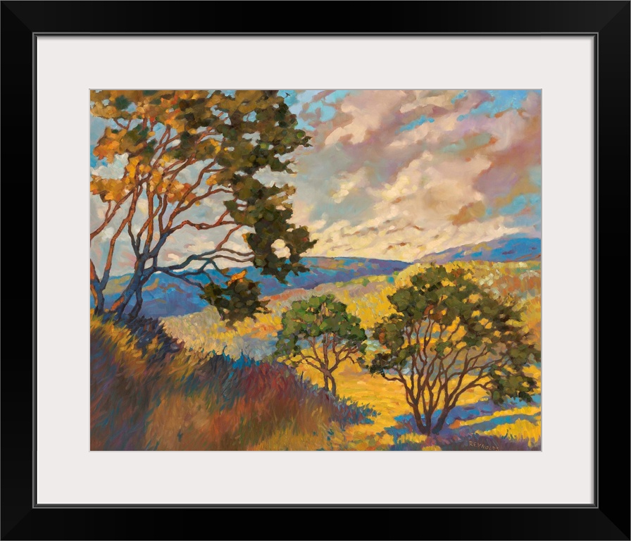 Contemporary landscape painting of trees in rolling yellow fields at sunset.