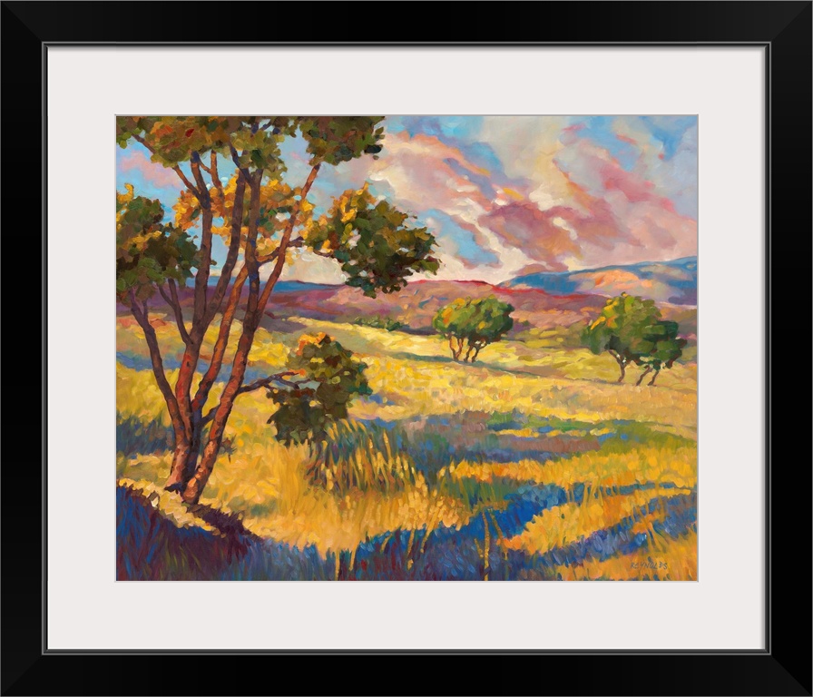 Contemporary landscape painting of trees in rolling yellow fields at sunset.