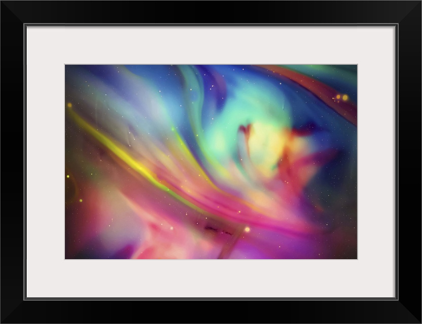 Abstract photograph of blurred and blended neon rainbow colors and flowing lines.