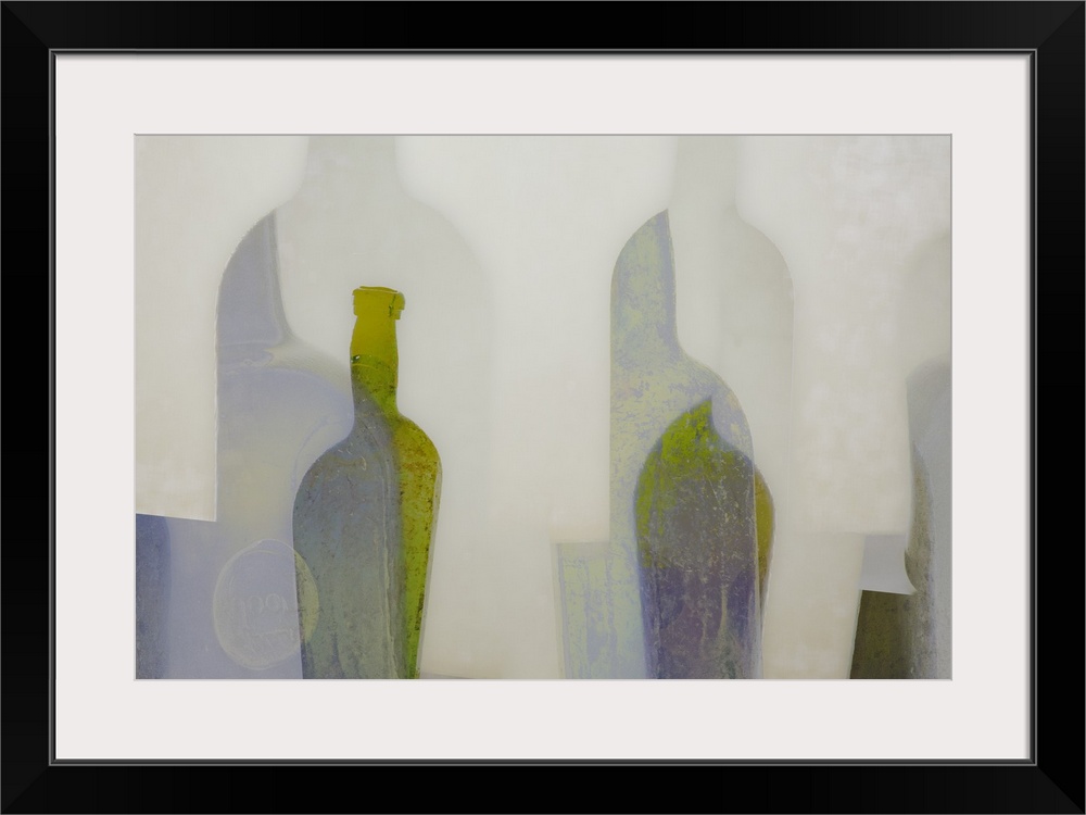 An abstract expressionist image of stylised bottle and ornamental object shapes in neutral, gold and pale green colours wi...