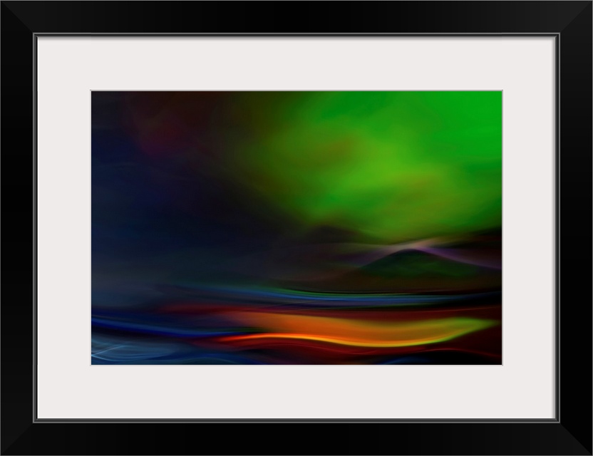 Abstract artwork that is a close up of the aurora lights. Green is the prominent color with various other colors in a wave...