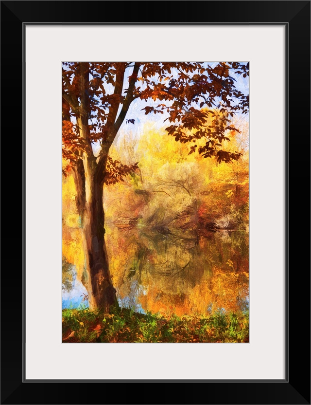 Trees by a pond with a expressionist photo or painterly effect