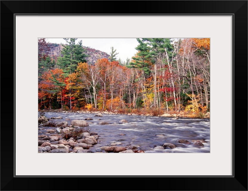 This landscape photograph shows water running rapidly through a rock filled river bed lined with autumn trees in the mount...