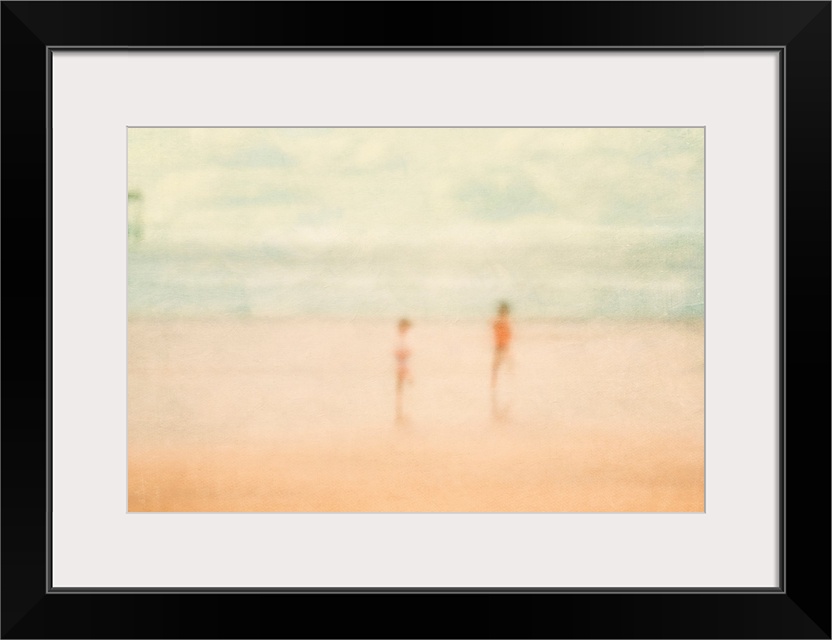 Soft focus painting of two children standing on the beach with ocean and pier in distance.