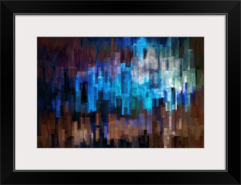 Bright brown and blue lights from a city scene warped into stretched, square shapes to create an abstract image.
