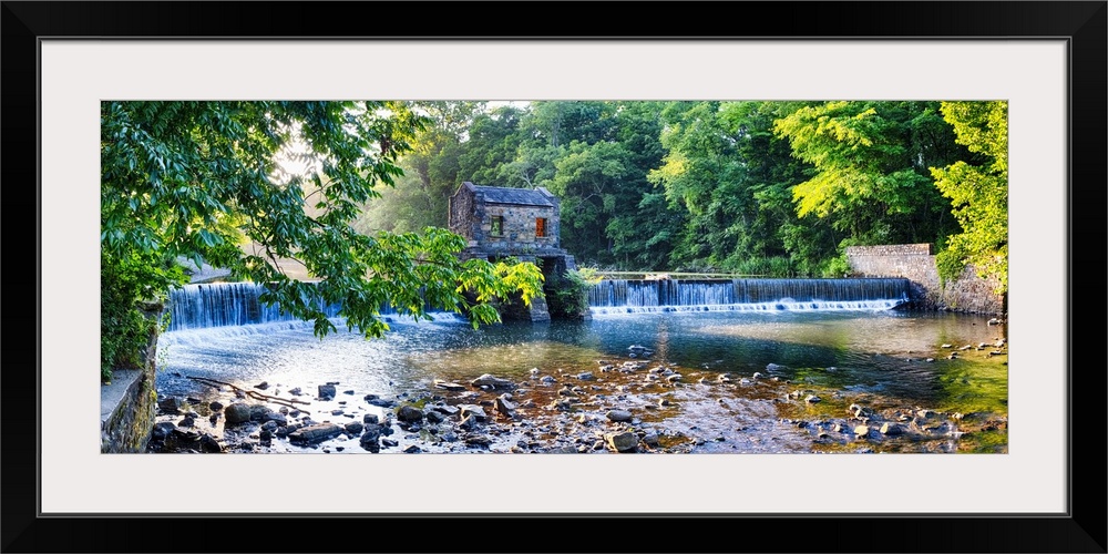 Panoramic Image of an Old Dam with a Waterfall on the Whippany River, Speedwell Lake Park, Morristown, Morris County, New ...