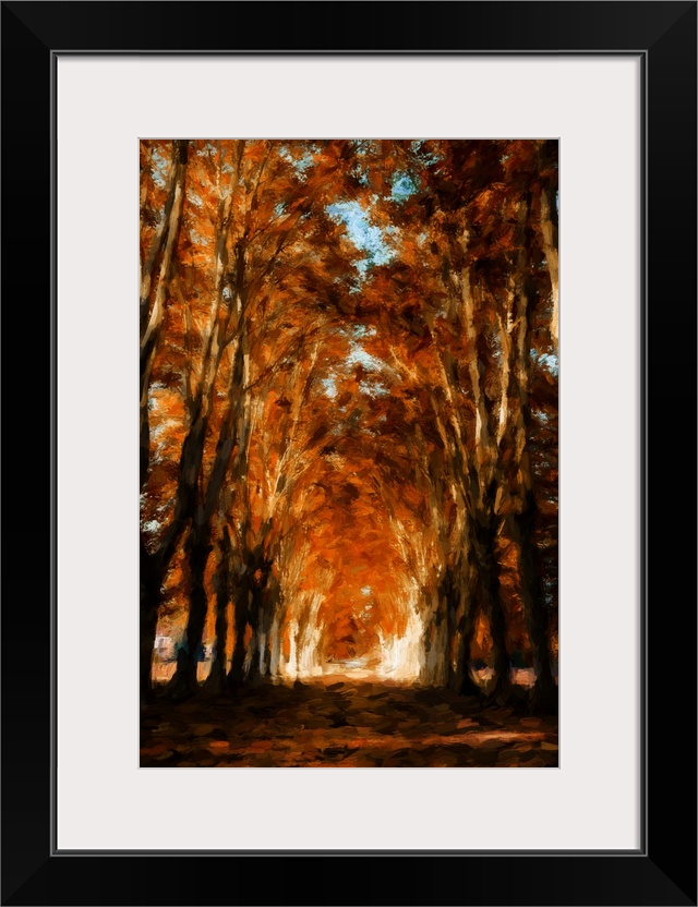 An avenue of trees in autumn with a process of expressionist photo or painterly