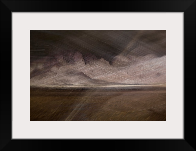 Abstract image of a desert storm with thin lines on top creating movement and a rocky textured background.