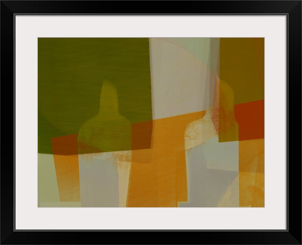 An abstract expressionist image of stylised bottle and ornamental object shapes in neutral, gold and pale green colours wi...