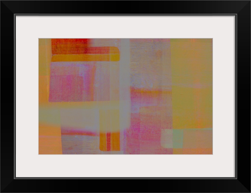 An abstract impressionist image of soft crimson reds, blues greens, turquoise and oranges arranged in squares and rectangl...