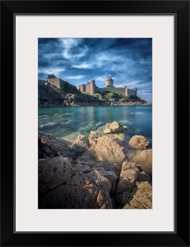 Vertical view of a castle facing the sea and the rock, the place of Fort la Latte, in Brittany in France.