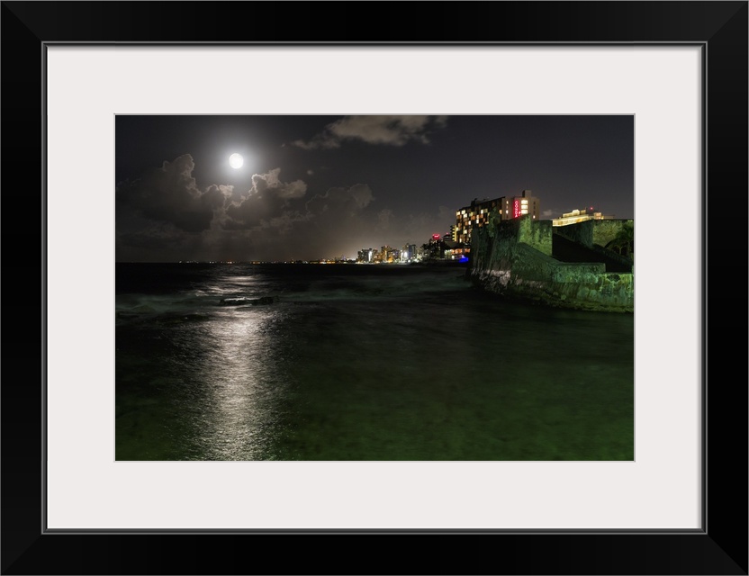 Night Scenic View of Ocean Front Buildings of Condado and Fort