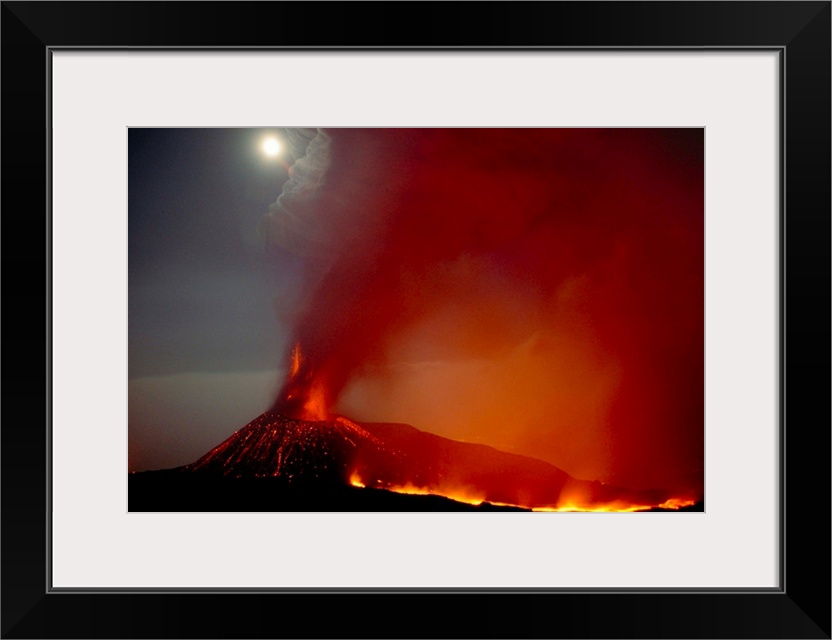 Moon over erupting summit vent, Mt. Etna, Sicily, Italy