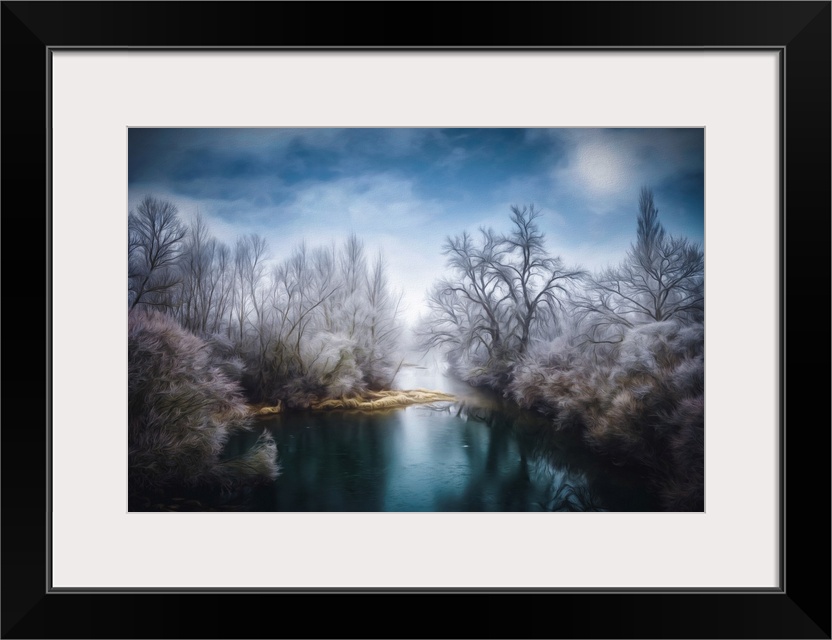 Photo Expressionism - Blue river surrounded by frozen trees in winter.