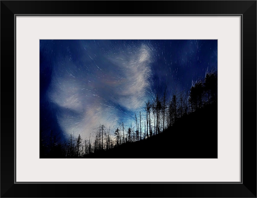 Conceptual landscape image with silhouetted trees made with thin lines on a hill with a blue and white swirled sky.