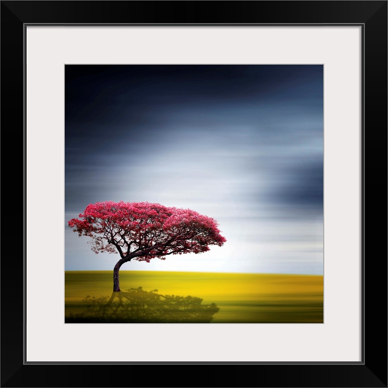 A red tree in front of a blurred landscape