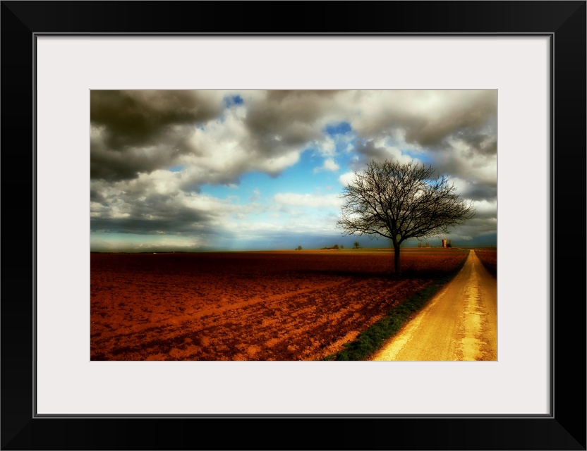 Wall art of an empty field with a dirt road running through it and a lone tree silhouetted against a cloudy yet bright sky.