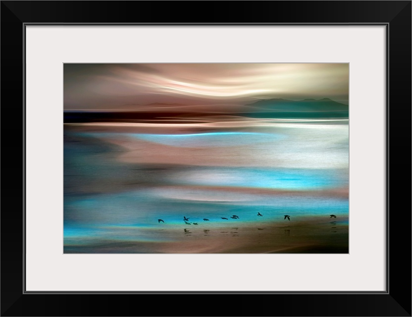 Horizontal, large artwork for a living room or office. Warm and cool tones swirl across a horizon at dusk with small black...