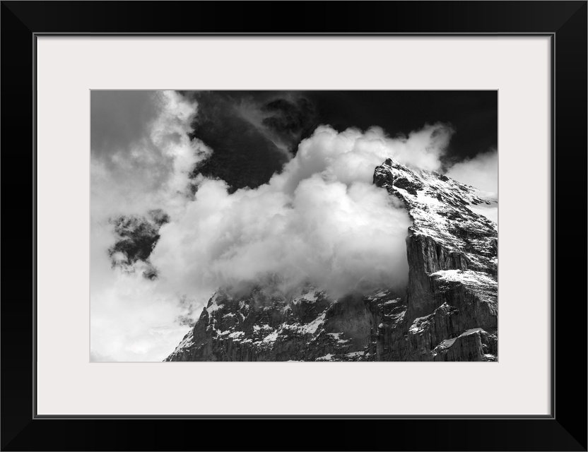 Clouds in the mountains, black and white photo