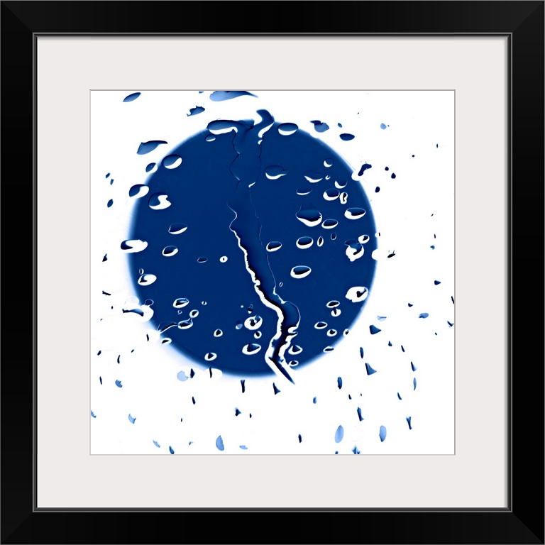 Abstract artwork consisting of raindrops with an obscure blue shape behind.