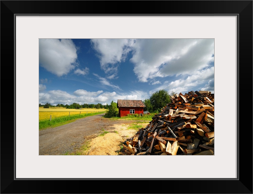 Nordic landscape with a red wooden house