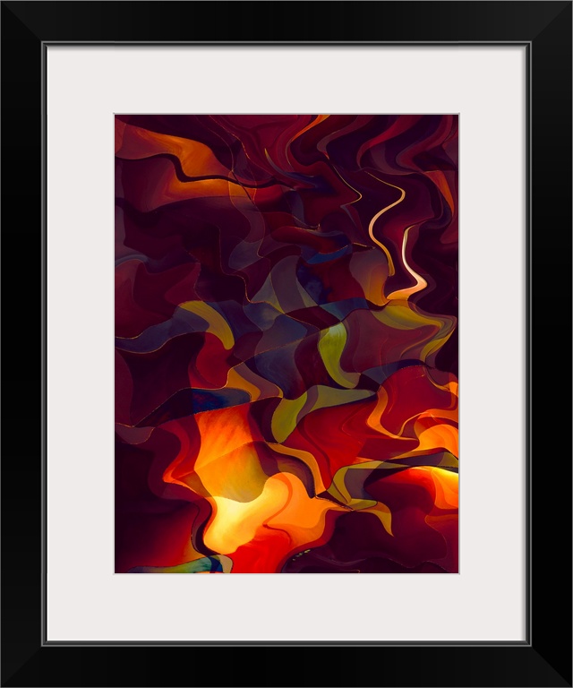 Abstract photograph made of wavy shapes in varying fiery shades.